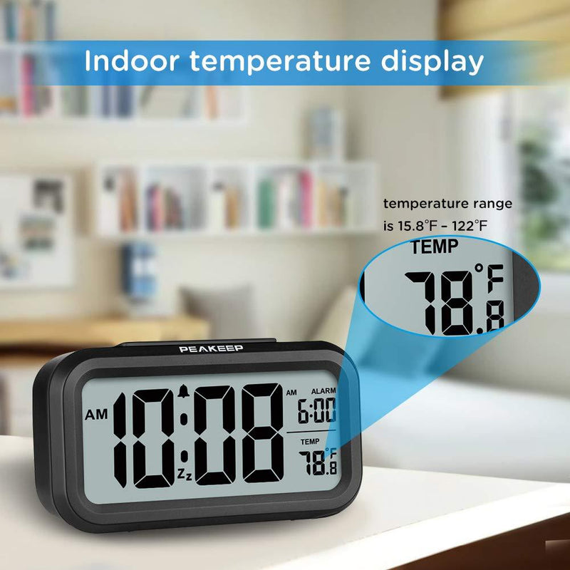 PEAKEEP Smart Night Light Digital Alarm Clock with Indoor Temperature, Battery Operated Desk Small Clock (Black) Black