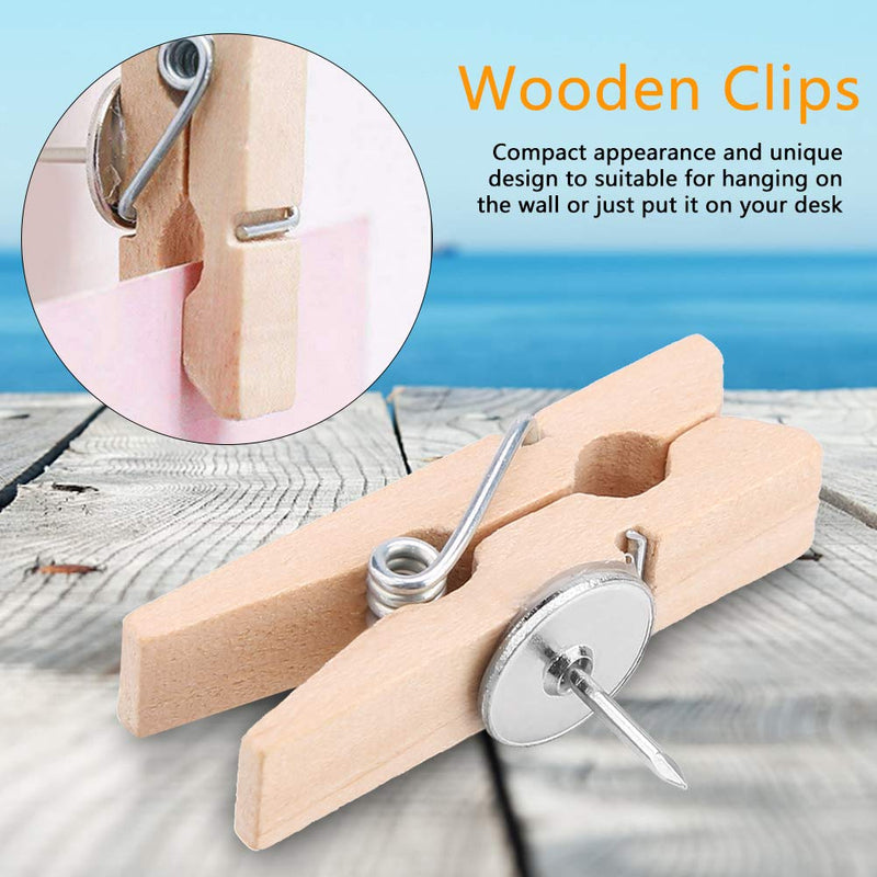 50pcs Push Pin Clip with Wooden Clips Pushpins Tacks Thumbtacks Wood Clothespins Craft Pegs Clips for Cork Boards Notes Photos