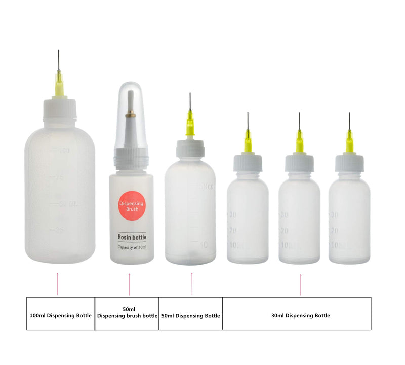 6Pcs Dispensing Bottle with 14Pcs Dispensing Needles and 1Pc Dispensing Brush and 12Pcs Cap (30ml+50ml+100ml)