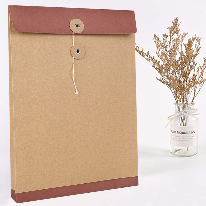 10 Pack A4 Kraft Paper Envelope File Bag File Folders Portfolio Project File Bag Expandable Envelope File Wallet Vertical Document Bill Storage Pocket Organizer Envelope with String Button Closure Brown