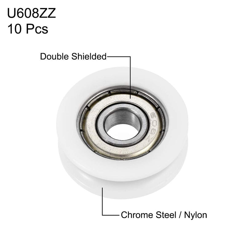 uxcell U608ZZ 608 Nylon U Groove Bearings 8x30x10mm Double Metal Shielded (GCr15) Chrome Steel Ball Bearings 10pcs