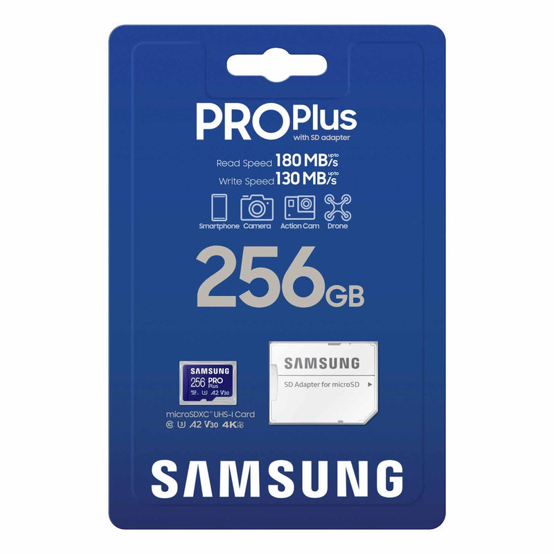 SAMSUNG PRO Plus microSD Memory Card + Adapter, 256GB MicroSDXC, Up to 180 MB/s, Full HD & 4K UHD, UHS-I, C10, U3, V30, A2 for Android Phones, Tablets, GoPRO, DJI Drone, MB-MD256SA/AM, 2023 New PRO Plus Read/Write 180/130MB/s