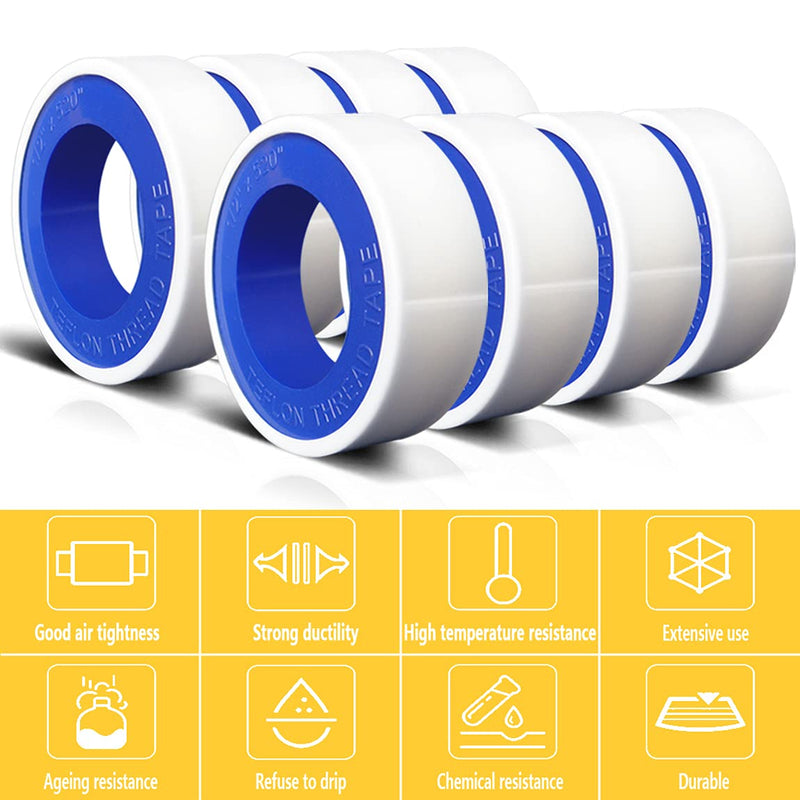 8 Rolls 1/2 Inch(W) X 520 Inches(L) Teflon Tape,for Plumbers Tape,Plumbing Tape,PTFE Tape,Thread Tape,Plumber Tape for Shower Head,Pipe Sealing,Thread Seal,White 8 Rolls