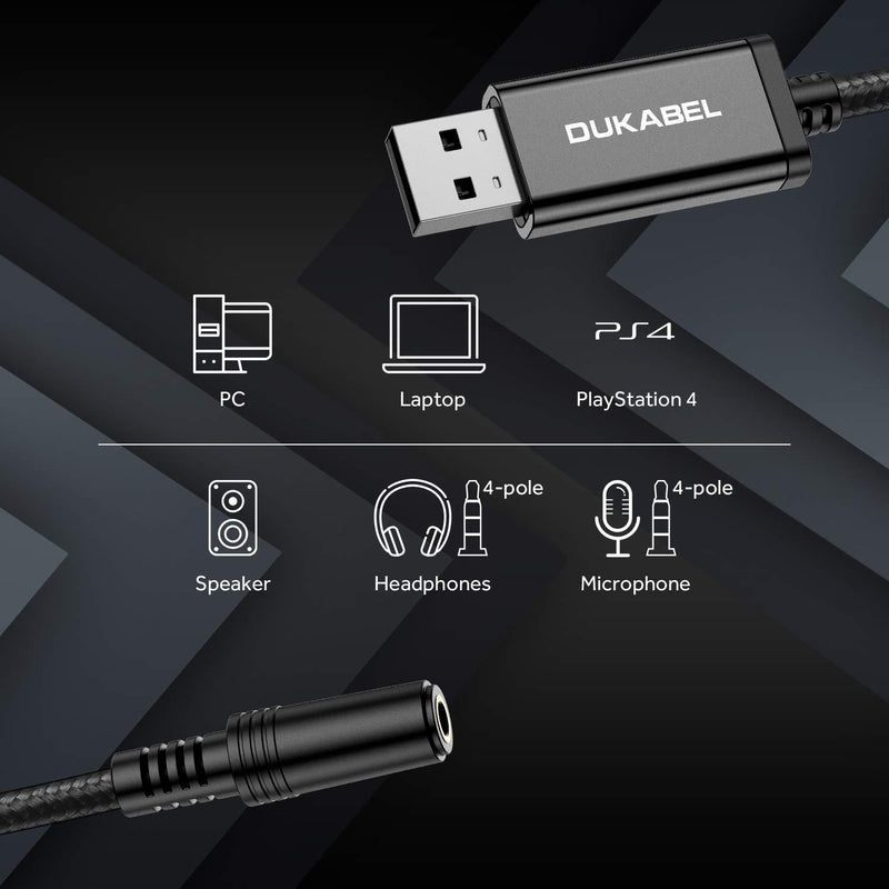 DUKABEL USB to 3.5mm Jack Audio Adapter, USB to Aux Cable with TRRS 4-Pole Mic-Supported USB to Headphone AUX Adapter Built-in Chip External Sound Card for PS4 PC PS5and More [19 inch] 19 inch/50cm