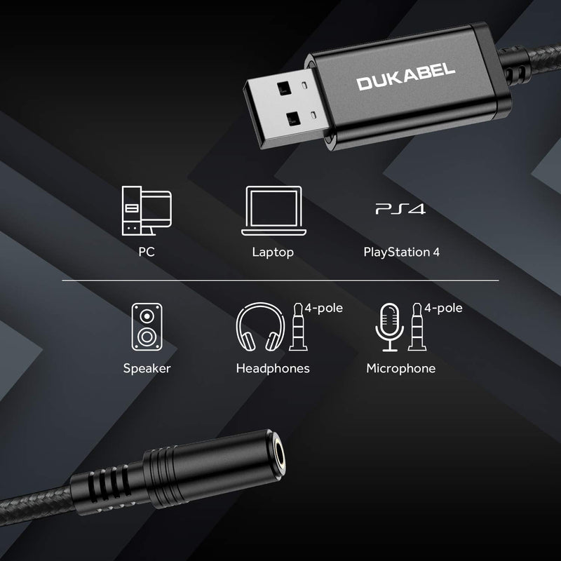 DUKABEL USB to 3.5mm Jack Audio Adapter, 2 Pack USB to Aux Cable with TRRS 4-Pole Mic-Supported USB to Headphone AUX Adapter Built-in Chip External Sound Card for PC PS4 PS5 and More [9.8 inch] 9.9 inch / 2-Pack