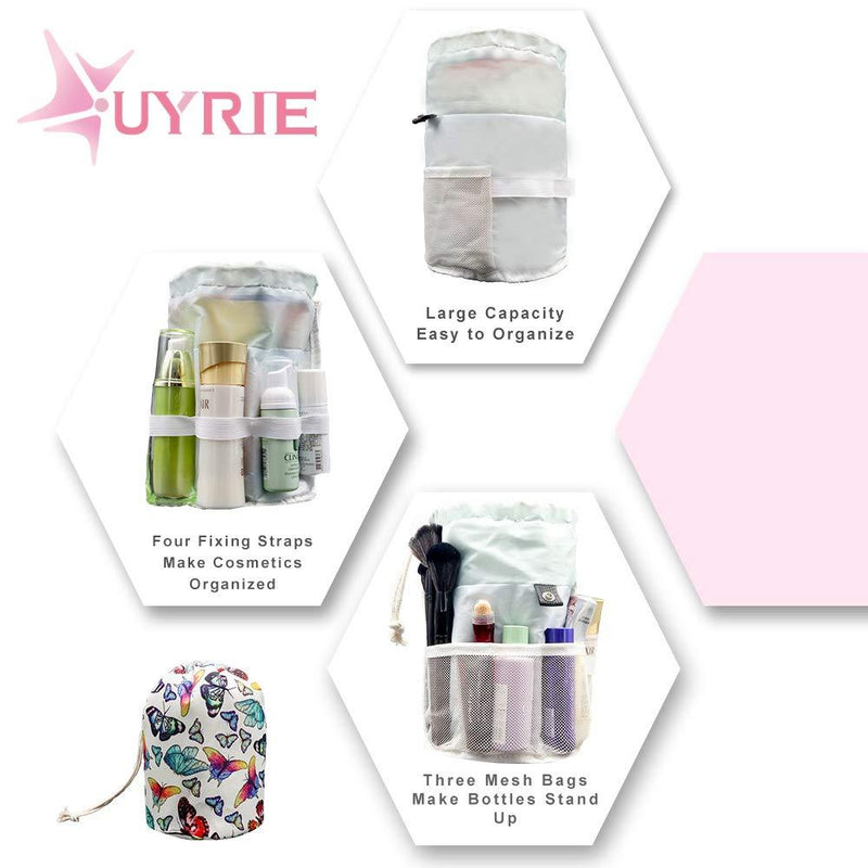 UYRIE Portable Makeup Toiletry Cosmetic Travel Organizer Bag, Large Drawstring Hanging Packing Bag for Women Girl Men, Lightweight Multifunctional Barrel Shaped Storage Bag Butterfly Family