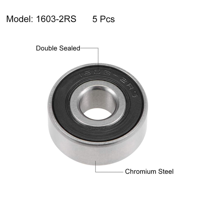 uxcell 1603-2RS Deep Groove Ball Bearings Z2 5/16 x 7/8 x 11/32inch Double Sealed Chrome Steel 5pcs