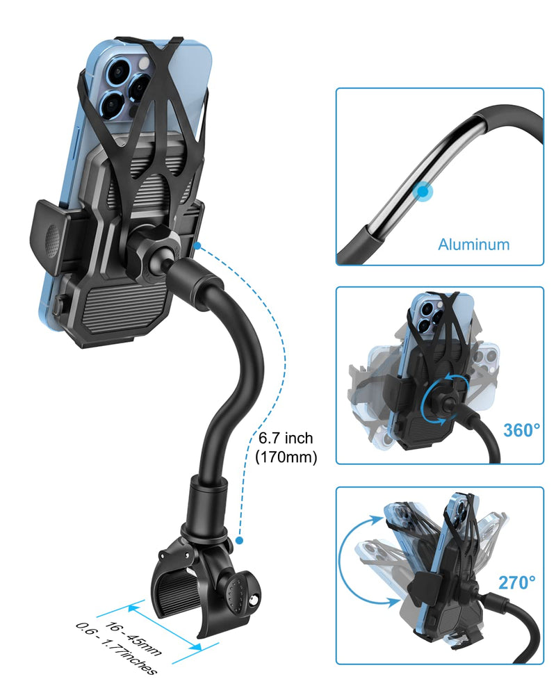 woleyi Gooseneck Spin Bike Phone Mount, Handlebar Clip Cell Phone Holder for Exercise Bicycle, Stationary Cycling, Stroller, Gym Treadmill, Mic Stand, for iPhone 14 Pro Max/13/12, S10, 4-7" Smartphone