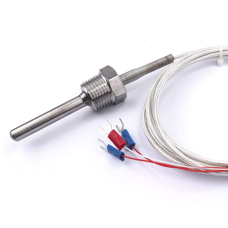 ATOPLEE 1pc Temperature Sensor Probe,Stainless Steel Waterproof Pt100 Ohm Probe Sensor 1/2 inch Thread with Insulation Lead Wire(-50-250°C)