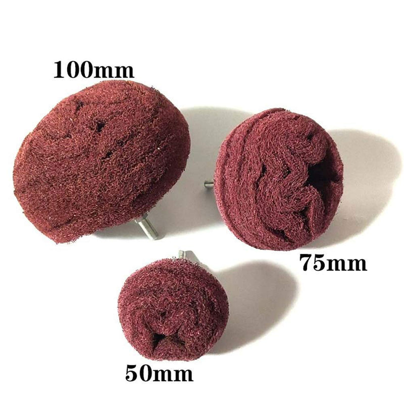 Grinding Head for Polishing Brush Shaped Scouring Pad - 7 Piece Red Fleece Grinding Drill Bit Set with 1/4" Handle for Manifold/Aluminum/Stainless Steel/Chrome etc.
