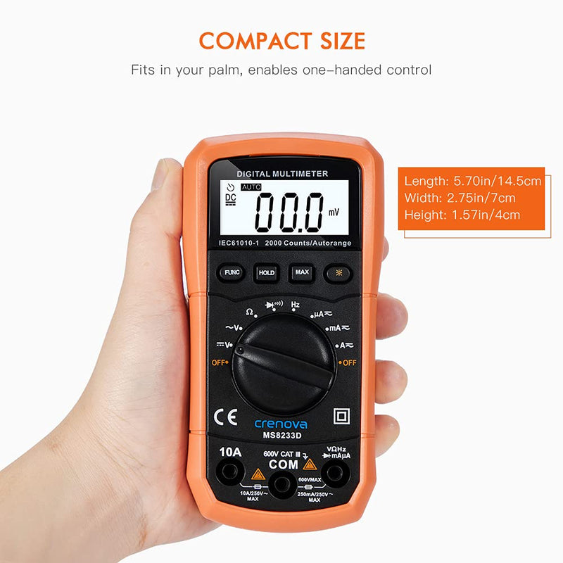 Crenova MS8233D Auto-Ranging Digital Multimeter Home Measuring Tools with Backlight LCD Display