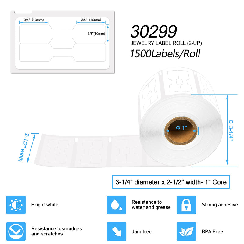 USUPERINK 2 Roll 3/8'' x 3/4'' Self-Adhesive LW 2-UP Jewelry Price Tag Labels Direct Thermal Paper Compatible for Dymo 30299 LabelWriter 450 Duo 4XL CoStar Zebra Label Printers, 1500 Labels Per Roll