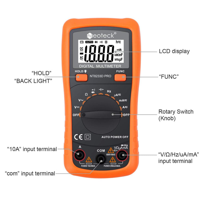 Neoteck Auto Ranging Digital Multimeter AC/DC Voltage Current Ohm Capacitance Frequency Diode Transistor Audible Continuity, Multi Tester with Backlit LCD Orange