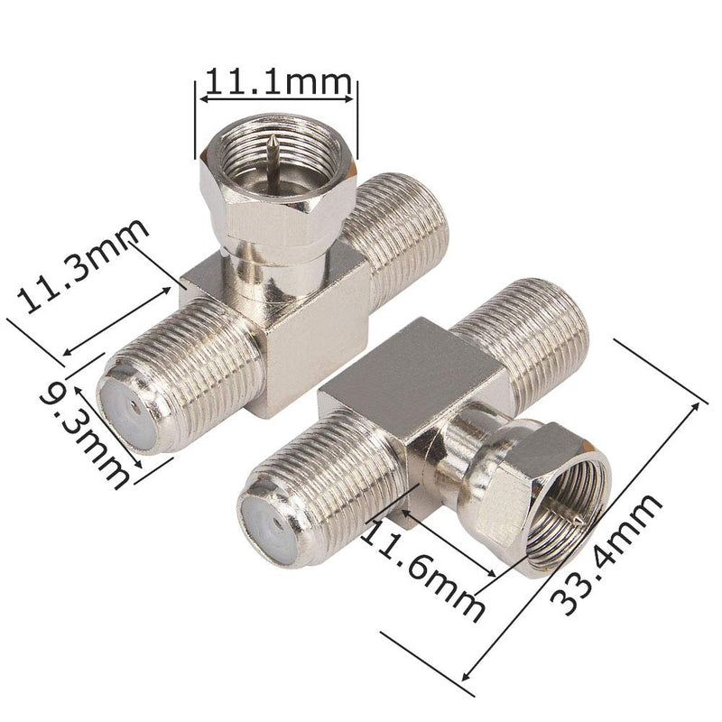 Kaunosta F-Type RG6 Coaxial Cable Connector Splitter Combiner 3 Way T-Shape F Male to Dual Female Coax Adapter for Satellite TV MATV CCTV and Related Consumer Television Products 2pcs