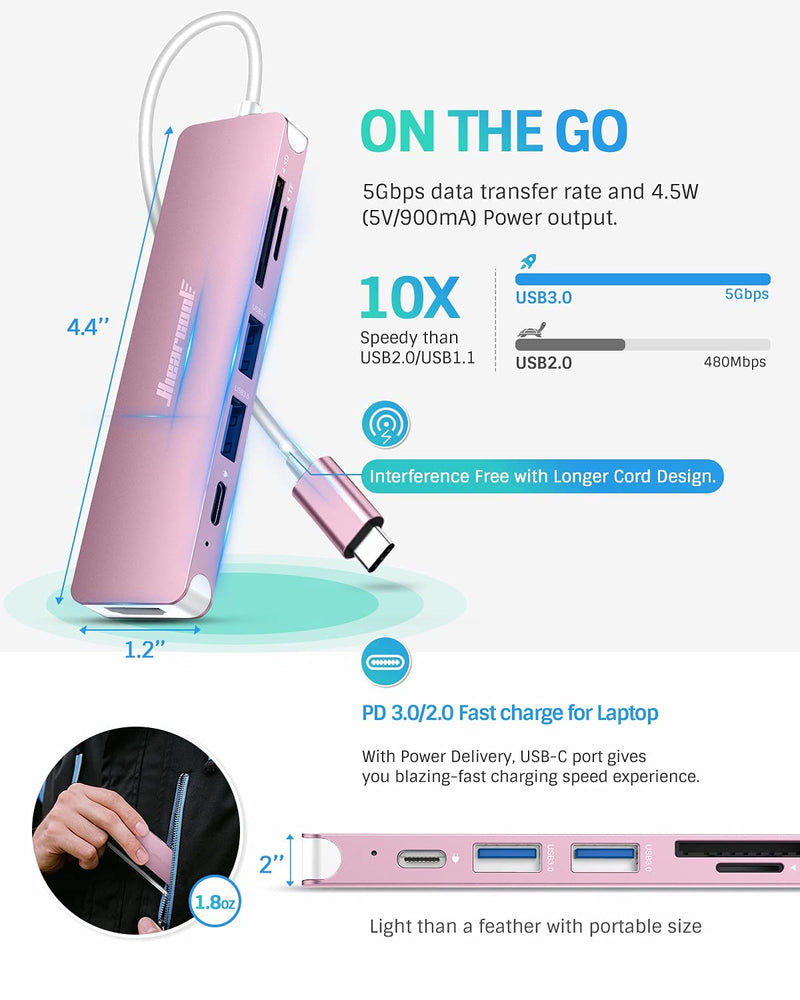USB C Hub,Hiearcool USB C Adapter,7IN1 USB C to HDMI Mulitiport Adapter Dongle Compatible for MacBook Pro and USB C Laptop-Pink Pink