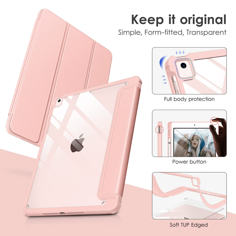 DTTOCASE iPad 6th / 5th Generation 9.7 inch Case (2018/2017), iPad Air 2 & 1 9.7 Inch (2014/2013) Case with Clear Transparent Shockproof Back Cover [Built-in Pencil Holder, Auto Sleep/Wake]-Rose Gold Rose gold