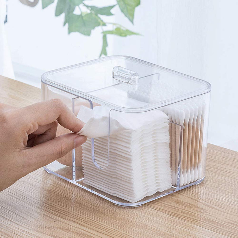 SUNFICON Cotton Pads Holder Organizer Cotton Swab Balls Box Holder Dispenser Storage Canister Cosmetic Pads Container Flossers Case 4-Grid Bathroom Countertop Vanity,Acrylic Crystal Clear 1 lid