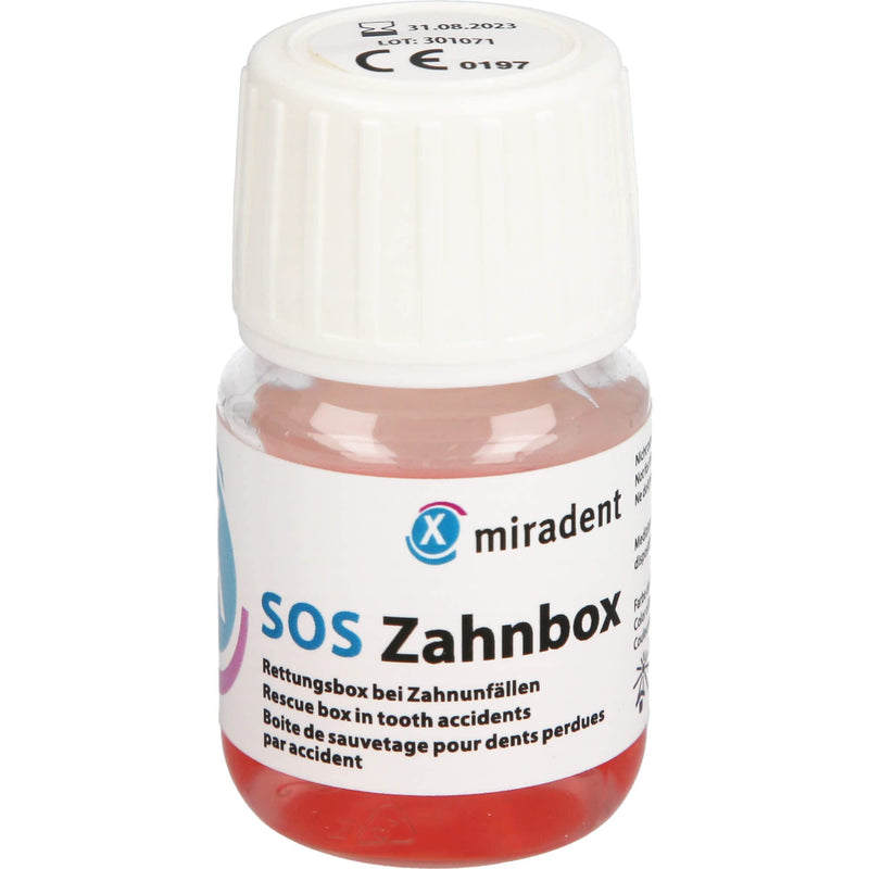 Miradent tooth rescue box SOS tooth box for knocked out teeth. Properly store front tooth trauma. Cell nutrient solution preserves cells for up to 48 hours for replantation and healing of the lost tooth