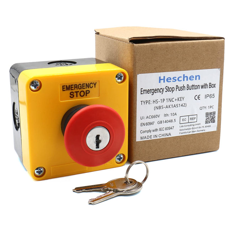 Heschen Red Sign Weatherproof Emergency Stop Push Button Switch, 660V 10A, with Box and Key