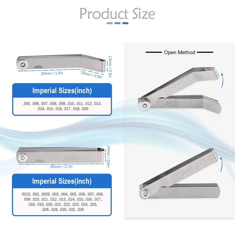 Glarks 2 Pack Stainless Steel Feeler Gauge Set, 32 Blades 0.04-0.88 mm Dual Marked Metric and Imperial Gap Measuring Tool and 16 Blades Standard SAE and Metric Gap Width/Thickness Measuring Tool