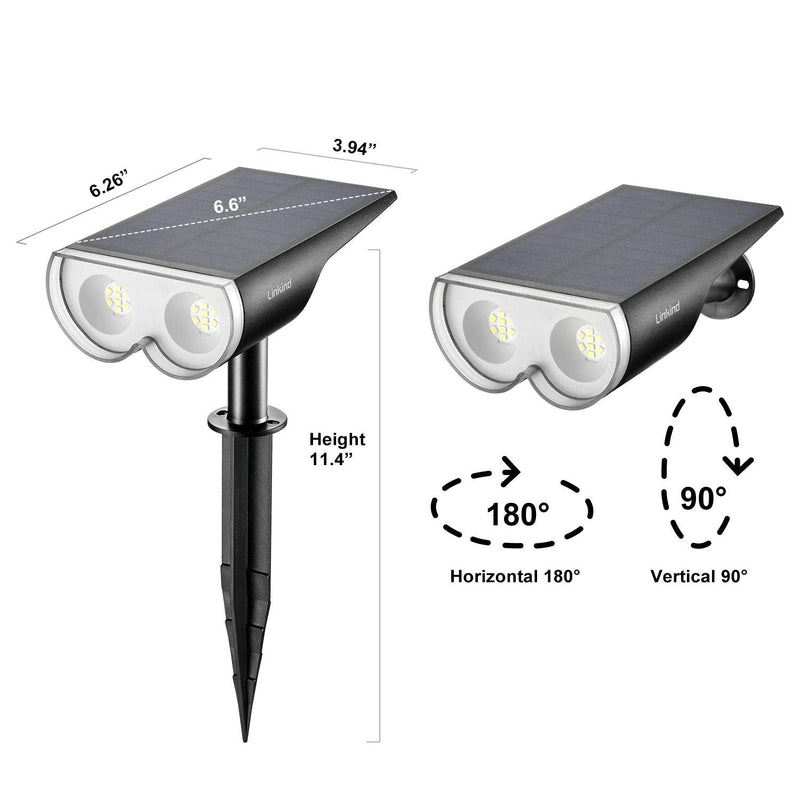 Linkind StarRay 16 LEDs Solar Landscape Spotlights, Dusk-to-Dawn IP67 Waterproof Solar Powered Spot Lights, 6500K Daylight White, Outdoor Wall Lights for Garden Yard Driveway Porch Walkway, 2 Pack
