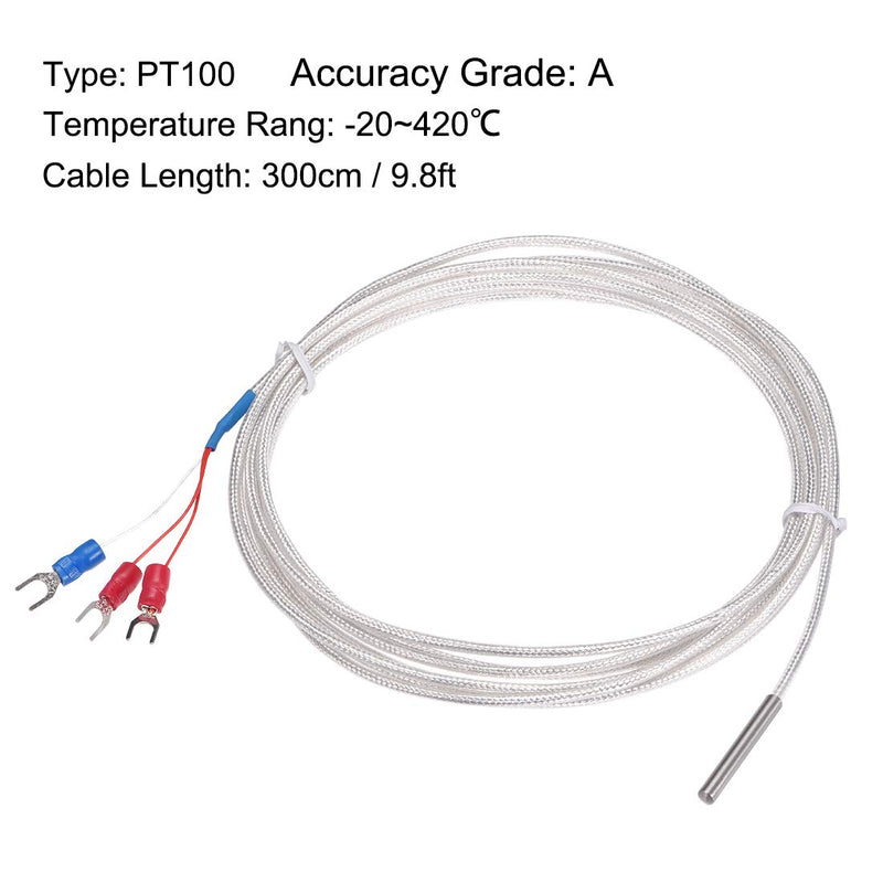 uxcell PT100 RTD Temperature Sensor Probe 3 Wires Cable Thermocouple Stainless Steel 300cm(9.8ft) (Temperature Rang: -20~420°C)