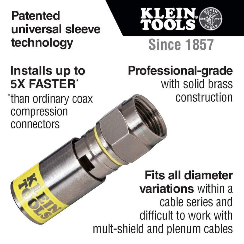 Klein Tools VDV812-612 Compression Connectors, Universal F Connectors RG6/6Q with Universal Sleeve Technology, Professional Grade, 50-Pack 50 Pack