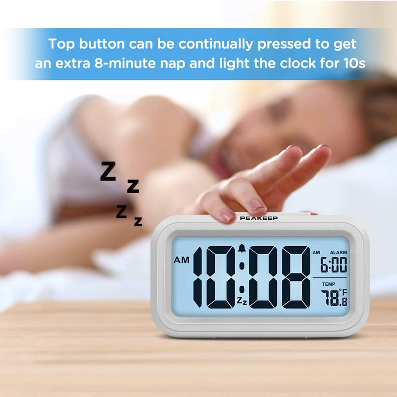 Peakeep Smart Night Light Digital Alarm Clock with Indoor Temperature, Battery Operated Desk Small Clock (White) White