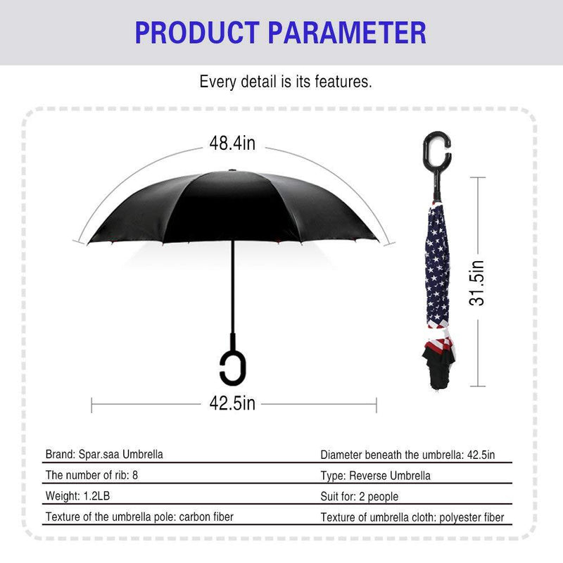 Spar. Saa Double Layer Inverted Umbrella with C-Shaped Handle, Anti-UV Waterproof Windproof Straight Umbrella for Car Rain Outdoor Use American Flag