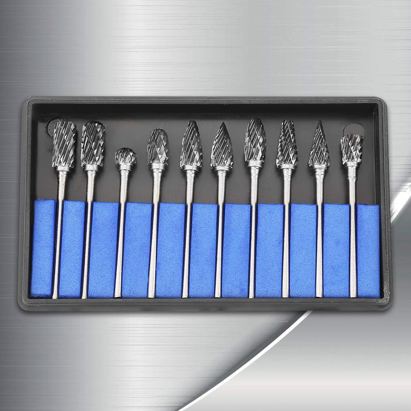 Carbide milling cutter set, 10 pieces. Double solid carbide milling cutter set with 2.35mm shank for milling, shaping and removing edges or corners, burrs and excess material