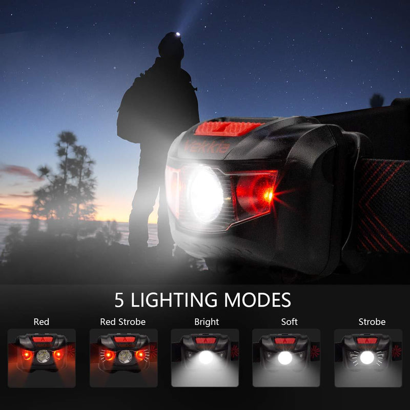 VEKKIA Ultra Bright LED Headlamp - 5 Lighting Modes, White & Red LEDs, Adjustable Strap, IPX6 Water Resistant. Great For Running, Camping, Hiking & More. Batteries Included