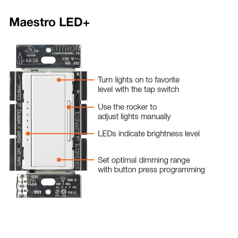 Lutron Maestro LED+ Dimmer for Dimmable LED, Halogen and Incandesent Bulbs | Single-Pole or Multi-Location | MACL-153M-AL | Almond 1 Pack