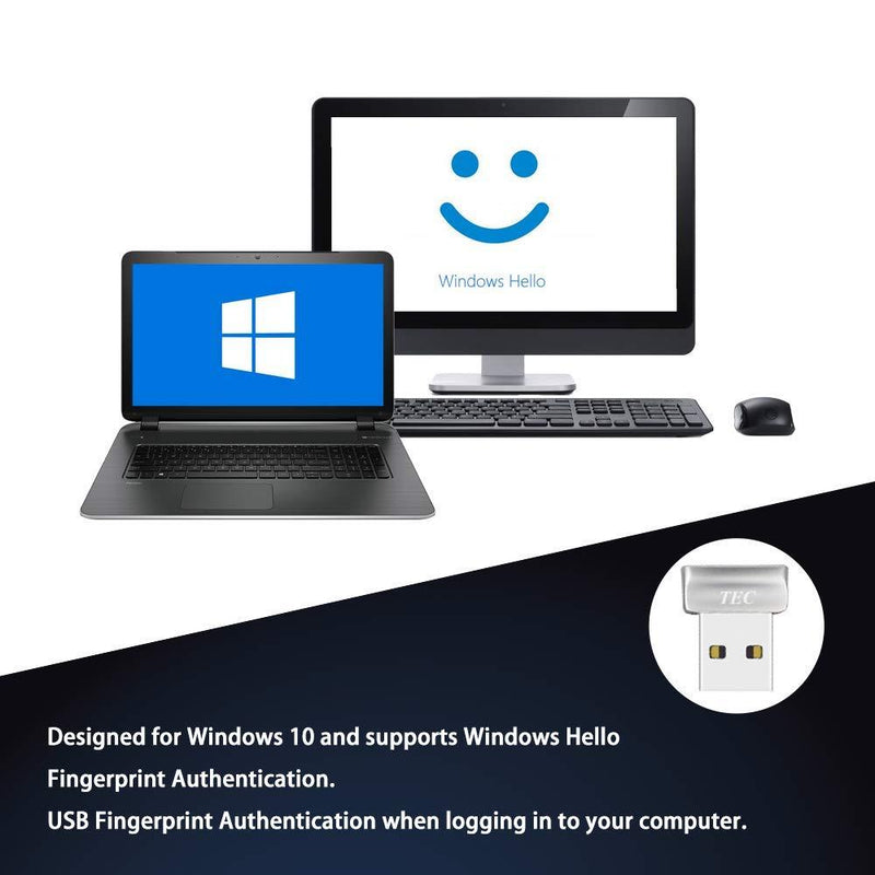 TEC Mini USB Fingerprint Reader for Windows 10 Hello, TEC TE-FPA2 Bio-Metric Fingerprint Scanner PC Dongle for Password-Free and File Encryption, 360Â° Touch Speedy Matching Security Key