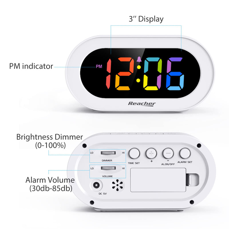 REACHER Small Colorful LED Digital Alarm Clock with Snooze, Simple to Operate, Full Range Brightness Dimmer, Adjustable Alarm Volume, Outlet Powered Compact Clock for Bedrooms, Bedside, Desk, Shelf Colorful Digit