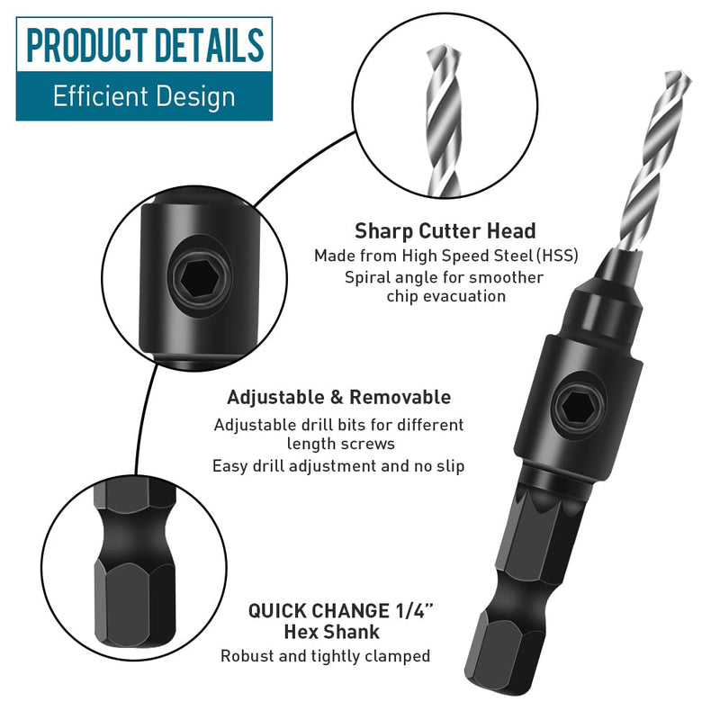 Countersink drill set for woodworking, 5-piece 1/4" twist drill with countersink attachment, 5-piece HSS twist drill with a wrench