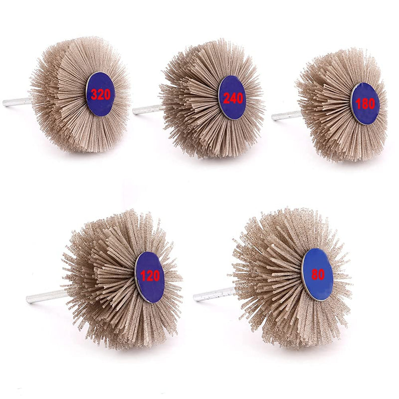 Yuhtech Disc Brush Nylon, 5 Pieces 5 Size Abrasive Nylon Wheel Brush 80Grit 120Grit 180Grit 240Grit 320Grit Nylon Disc Brush with 6mm Shaft Woodworking Polishing Grindering Wheel