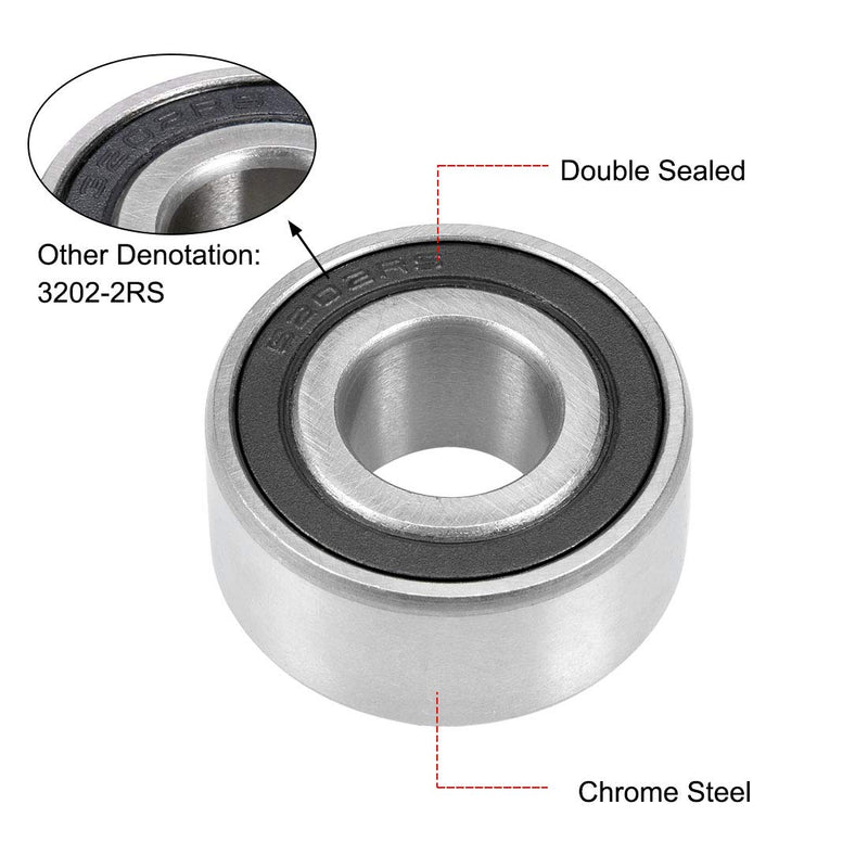 uxcell 5202-2RS 3202-2RS Double Row Angular Contact Ball Bearing 15x35x15.9mm Sealed Chrome Steel Bearings 2-Pack