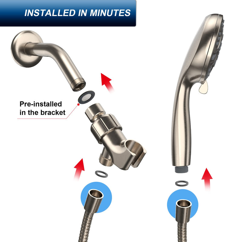 HOPOPRO 6 Functions Handheld Shower Head Set, High Pressure Shower Head High Flow Hand Held Showerhead Set with 59 Inch Hose Bracket Teflon Tape Rubber Washers Brushed Nickel