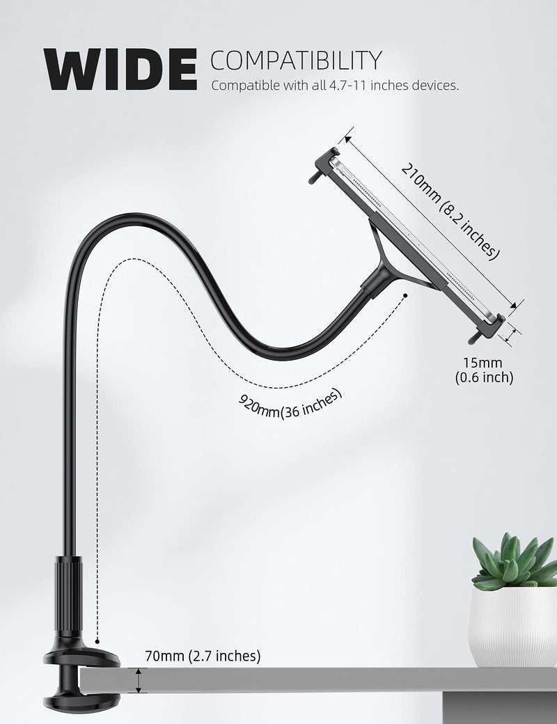 Gooseneck Tablet Mount Holder for Bed - Lamicall Flexible Tablet Arm Clamp for Bed Compatible with Pad Mini 7.9, Air 9.7, Pro 10.5, Switch, Galaxy Tabs, More 4.7-11" Device - Black