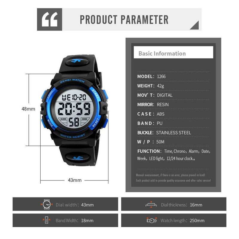 Boys Watch Digital Sports Waterproof Electronic Childrens Kids Watches Alarm Clock 12/24 H Stopwatch Calendar Boy Girl Wristwatch Blue Black
