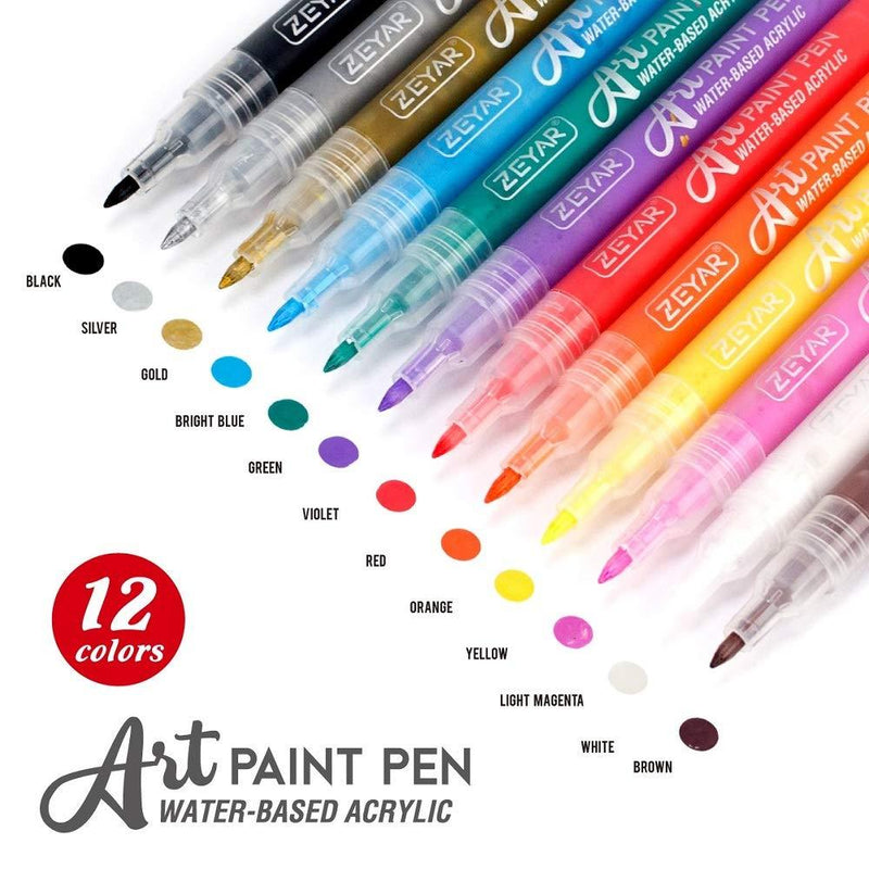 ZEYAR Acrylic Paint Pens, Expert of Rock Painting, Extra Fine Point, 12 Colors, Water Based, Permanent & Waterproof Ink, Works on Rock, Wood, Glass, Metal, Ceramic and Non porous Surfaces (12 Colors)