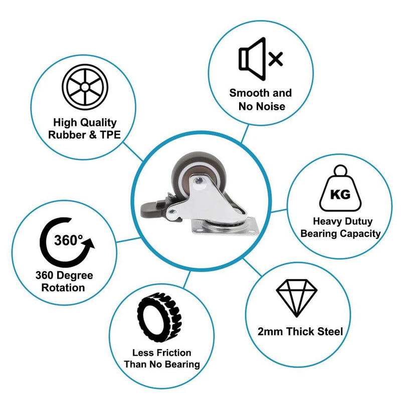 Luomorgo 4 Pack 1.25" Caster Wheels with Brakes Rubber Swivel Heavy Duty Casters with 360 Degree Top Plate, 140 lbs Total Capacity Caster, 20 Screws & A Handy Screwdriver for Free