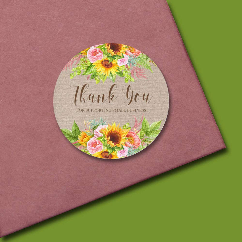 Sunflower and Peony Thank You Customer Appreciation Sticker Labels for Small Businesses, 60 1.5" Circle Stickers by AmandaCreation, Great for Envelopes, Postcards, Direct Mail, More!