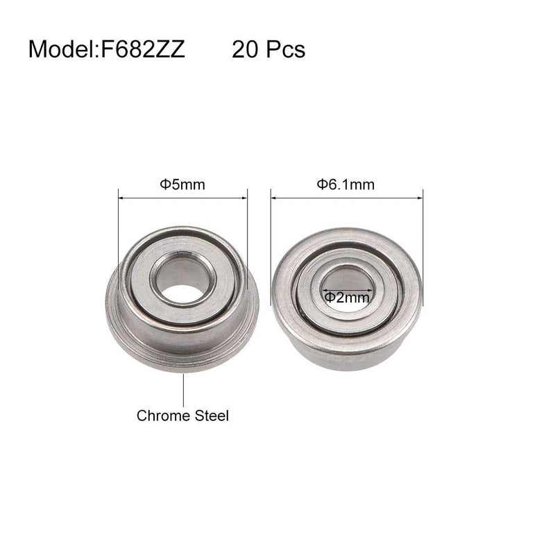 uxcell F682ZZ Flanged Ball Bearing 2mmx5mmx2.3mm Double Shielded Chrome Steel Deep Groove Bearings 20pcs