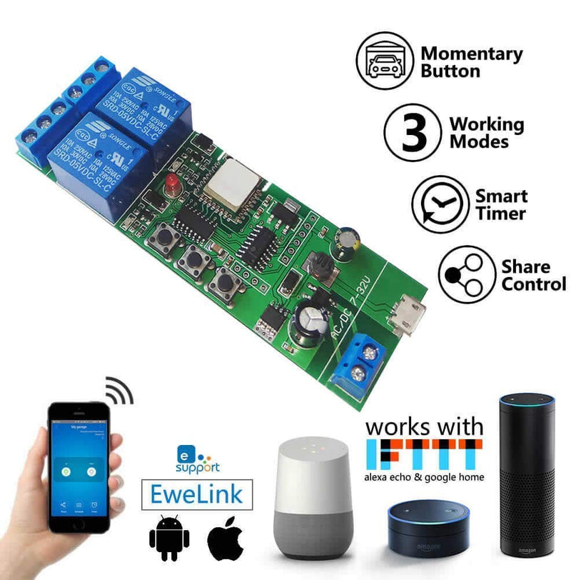 Newgoal Wireless Jog Relay momentary/self-Locking Switch Module DIY Smart Home Remote Control WiFi Relay Switch Ewelink App Compatible with Alexa Echo Google Home IFTTT (DC2) DC2