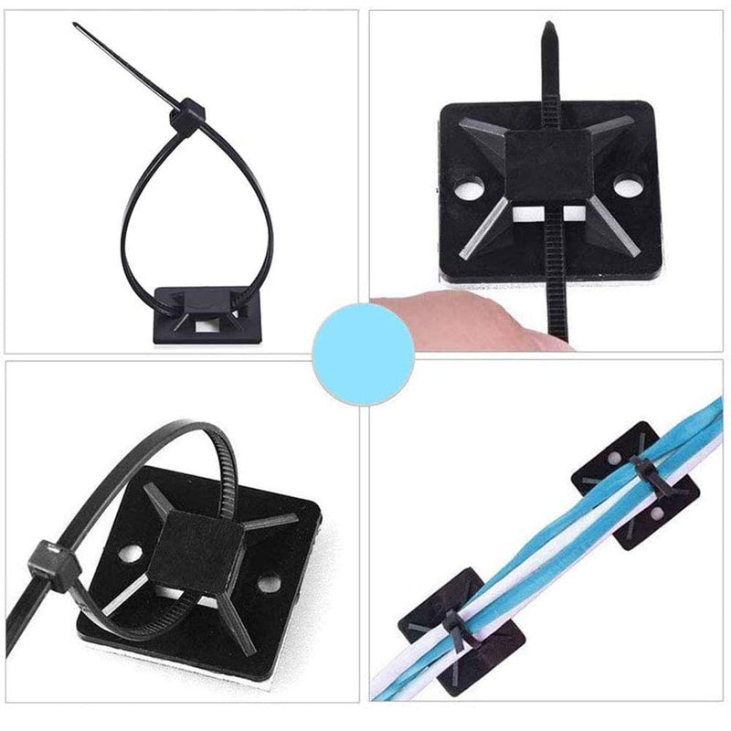 HS Cable Tie Mounts Self Adhesive with Screw Hole Zip Wire Tie Mounting Base Holder (100 Pack) Squares 1x1 Inch,Black 1*1"