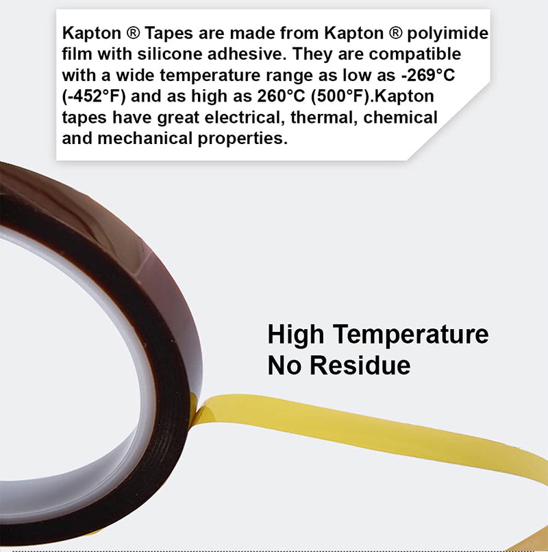 CGS, 2 Mil Dupont Kapton Tape. High Temperature Heat Tape, UL 510 Flame Retardant, Clean Removal. 0.5" x 36 Yards 0.5'' 2 mil Dupont Kapton®