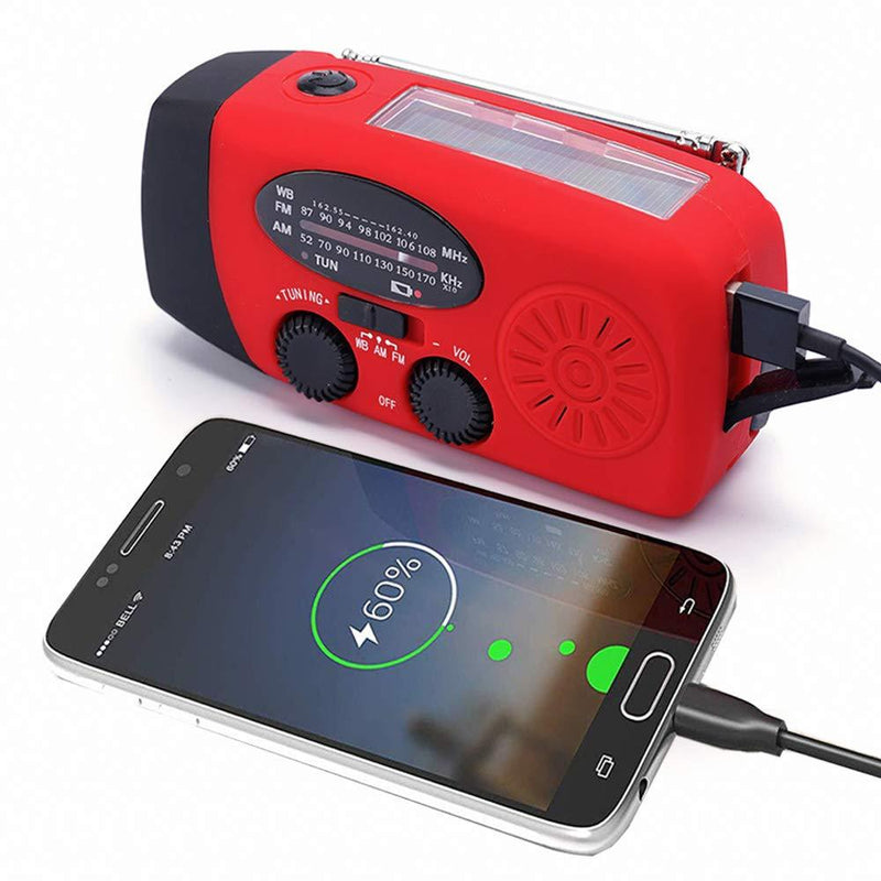 FM/AM/NOAA Weather Radio Hand Crank Self Powered Solar Emergency Radios with 3 LED Flashlight 2000mah Power Bank Smart Phone Charger (Red) Red