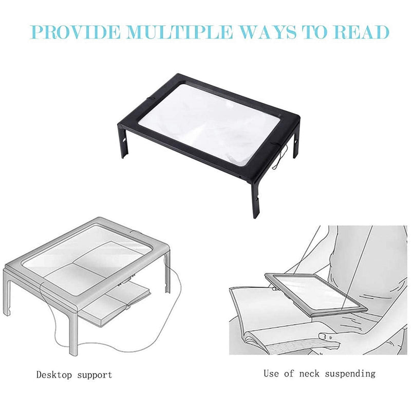 A4 Full Page Magnifier 3X Lens 3 LED Lighted Magnifying Glass with Neck Cord Handle Free Loupe with Flip Out Leg for Low Vision Seniors Kids Macular Degeneration Crafts Jewelry Soldering Inspection