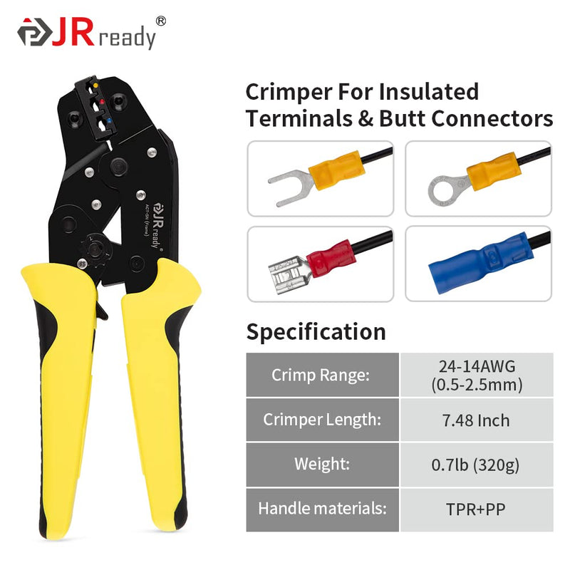 JRready Ratcheting Wire Crimper Tool for Insulated Terminals Connector 24-14AWG with 3 Crimping Cavities, Hand Crimping Pliers ACT-SN-02C